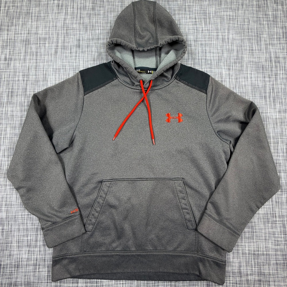 Under Armour Mens Storm Hoodie Large Gray Orange Loose Fit Fleece Pullover L